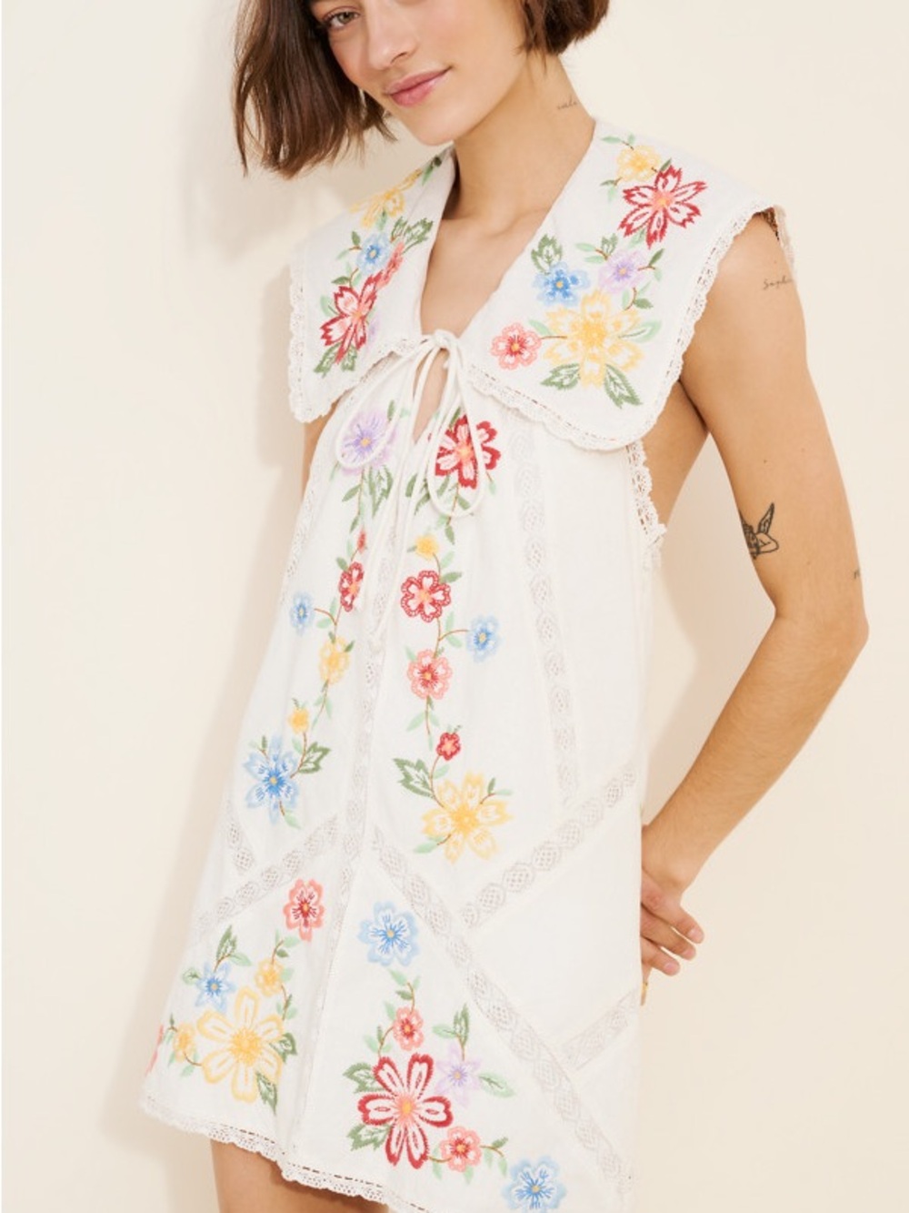 Free People White Mini Dress with Multicolor Floral Embroidery